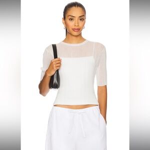 Vince Double Layer Rib Elbow Sleeve Top in Optic White, xs
